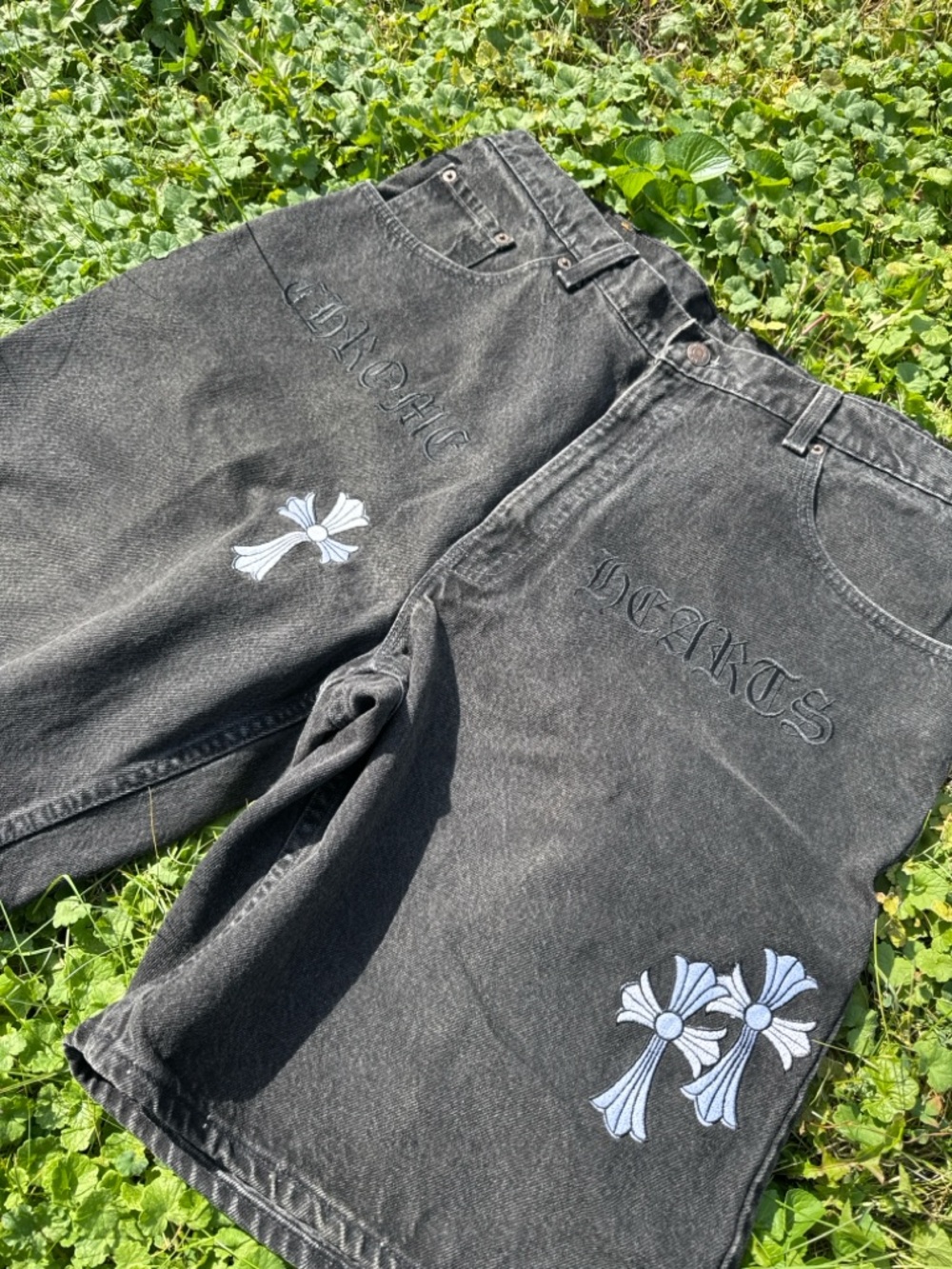 Chrome Hearts Black Washed Denim Jean Shorts with White Cross Embroidery